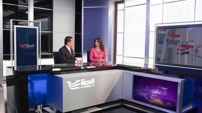 A television news studio during a live broadcast