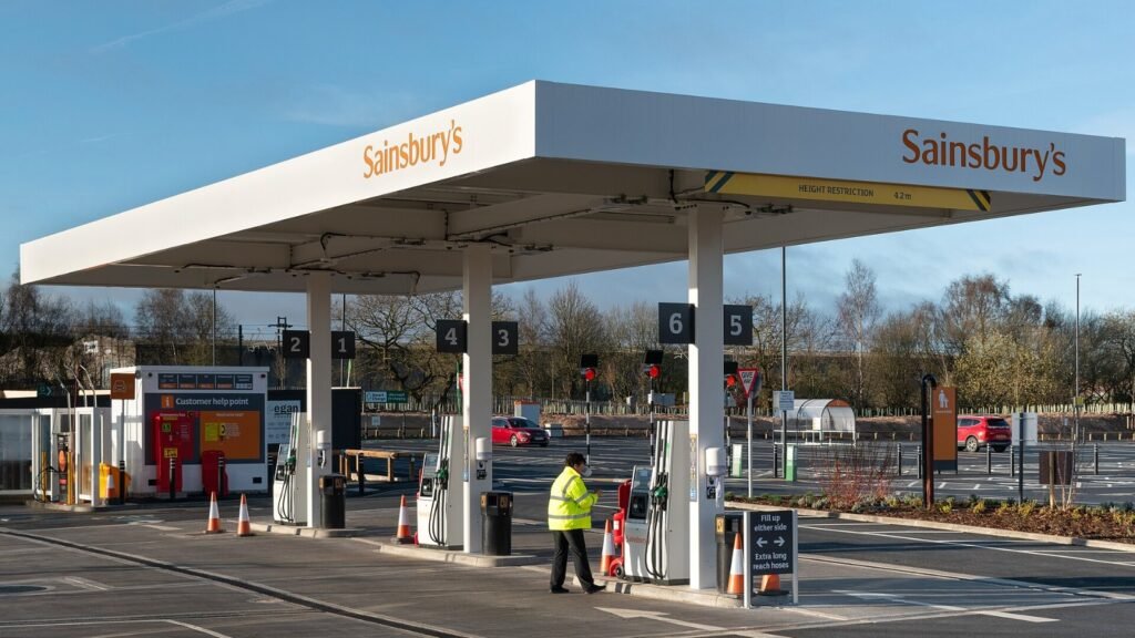 A petrol station forecourt with fuel pumps