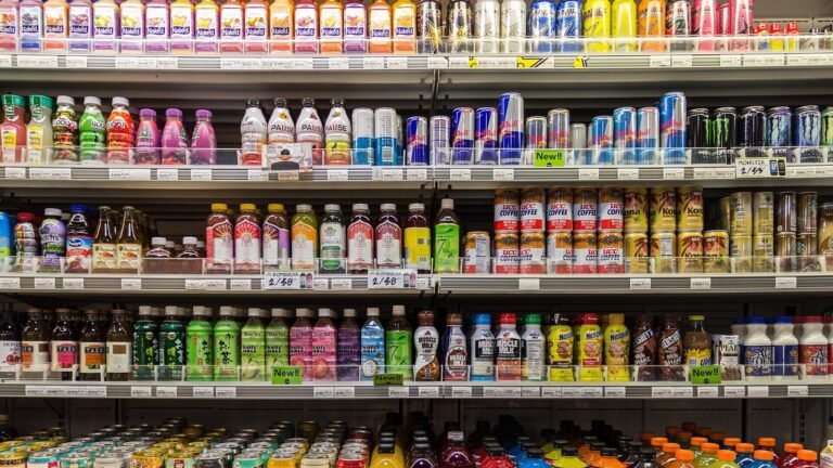 Supermarket shelves stocked with everyday grocery products
